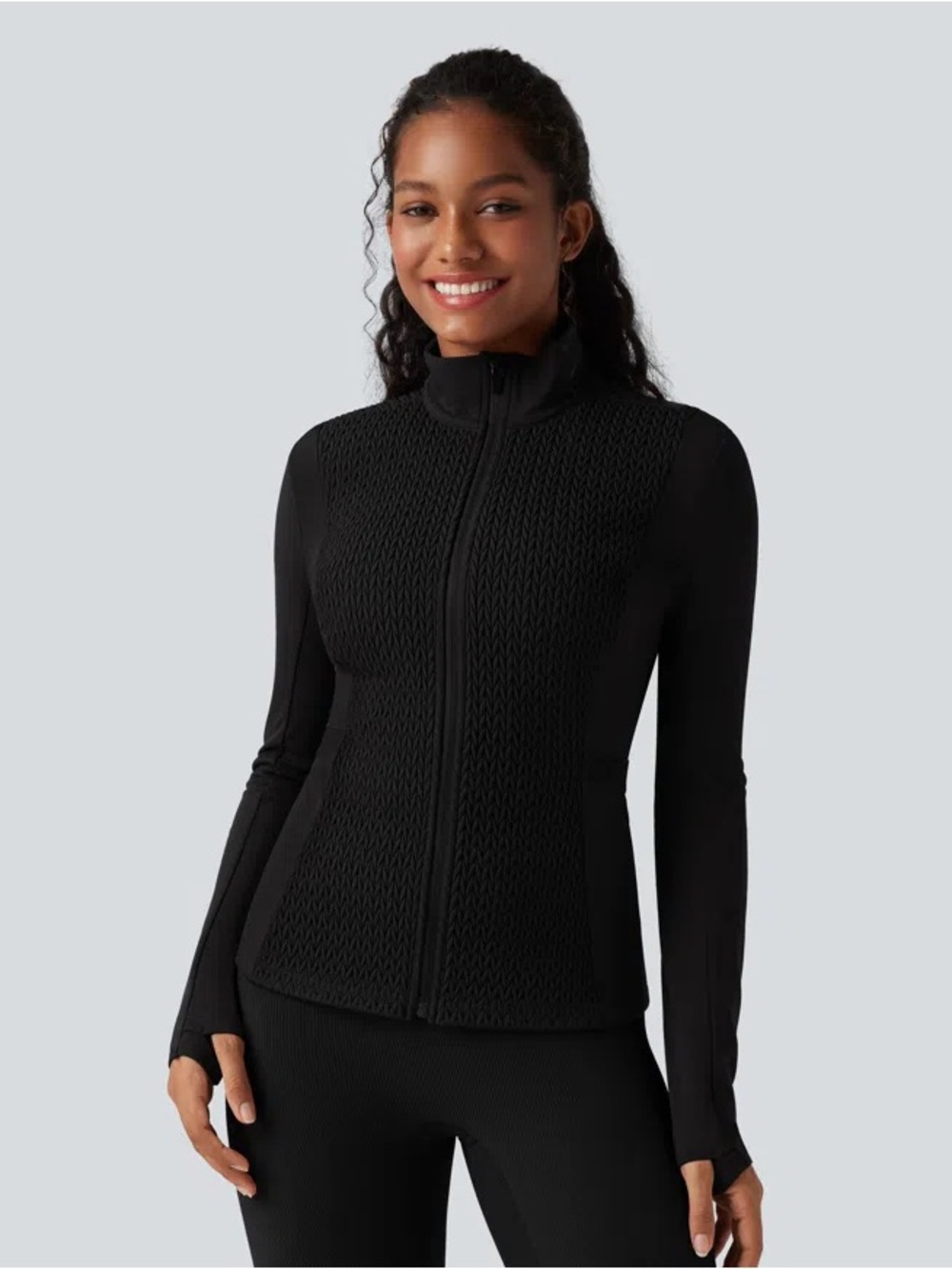 Halara Stand Collar Long Sleeve Thumb Holes Shirred Workout jacket#294